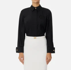 Camicie E Bluse|Elisabetta Franchi Camicia in popeline di cotone con arricciatura e stemma logo Nero