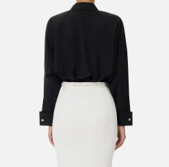 Camicie E Bluse|Elisabetta Franchi Camicia in popeline di cotone con arricciatura e stemma logo Nero