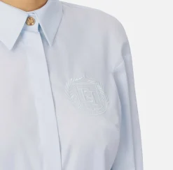 Camicie E Bluse|Elisabetta Franchi Camicia in popeline di cotone con arricciatura e stemma logo Skyblue