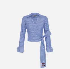 Camicie E Bluse|Elisabetta Franchi Camicia in popeline rigato con fusciacca ricamata Navy/Bianco