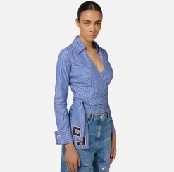 Camicie E Bluse|Elisabetta Franchi Camicia in popeline rigato con fusciacca ricamata Navy/Bianco
