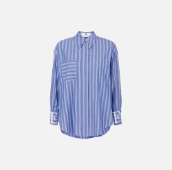 Camicie E Bluse|Elisabetta Franchi Camicia in popeline rigato con logo sui polsi Navy/Bianco