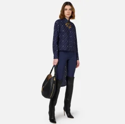 Camicie E Bluse|Elisabetta Franchi Camicia in popeline stampato con fondo asimmetrico Navy/Crema