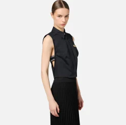 Camicie E Bluse|Elisabetta Franchi Camicia smanicata in popeline con elastici logati Nero