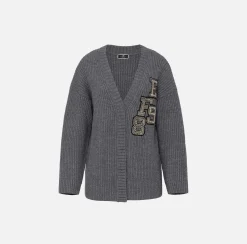 Maglieria E Felpe|Elisabetta Franchi Cardigan in lana costa inglese con patch logo SteelMelange