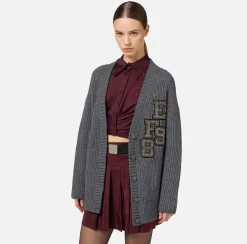 Maglieria E Felpe|Elisabetta Franchi Cardigan in lana costa inglese con patch logo SteelMelange