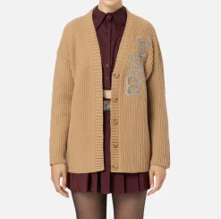 Maglieria E Felpe|Elisabetta Franchi Cardigan in lana costa inglese con patch logo Camel