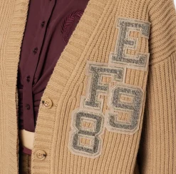 Maglieria E Felpe|Elisabetta Franchi Cardigan in lana costa inglese con patch logo Camel