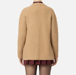Maglieria E Felpe|Elisabetta Franchi Cardigan in lana costa inglese con patch logo Camel