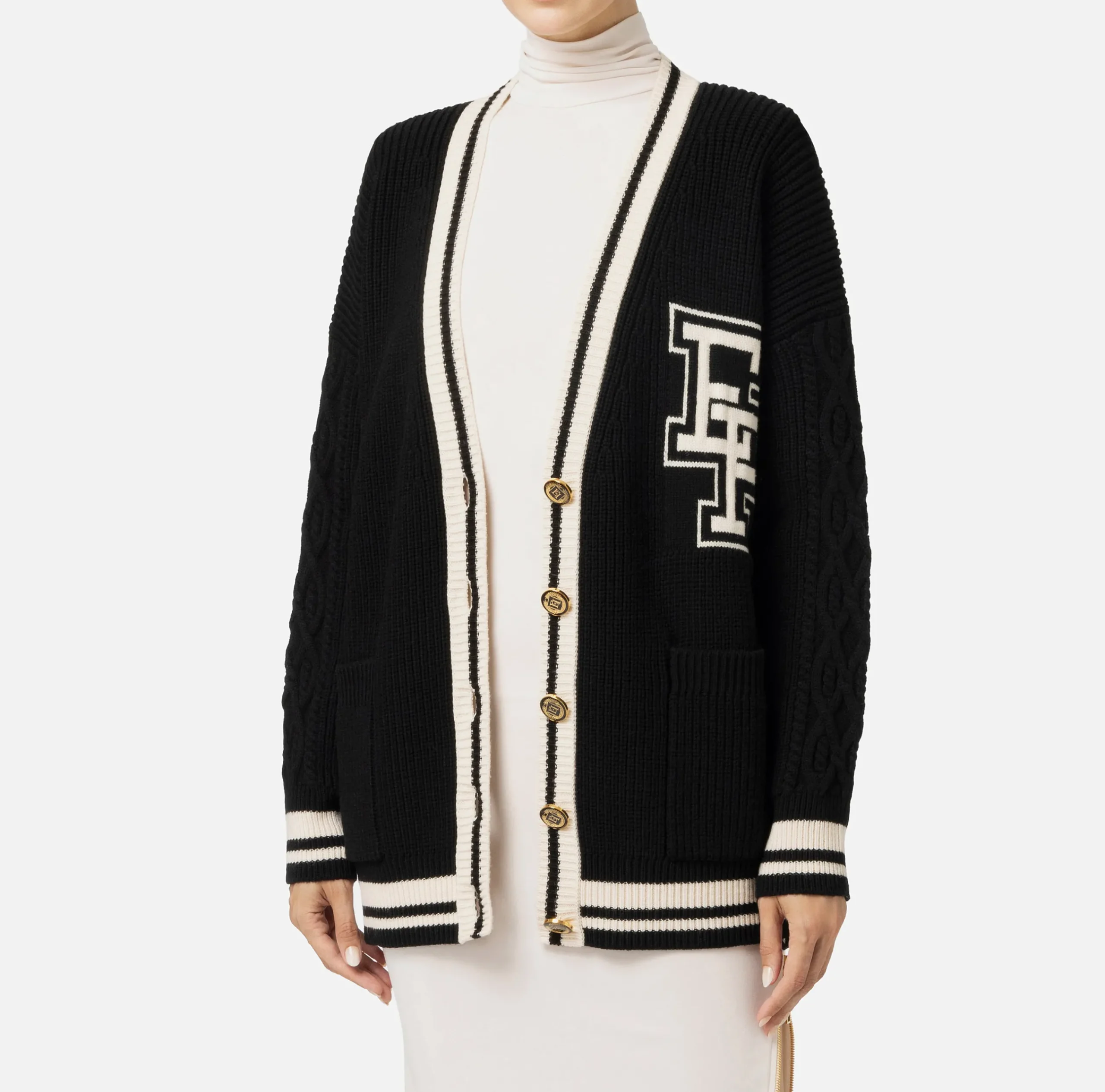 Maglieria E Felpe|Elisabetta Franchi Cardigan in lana tipo college Nero/Burro