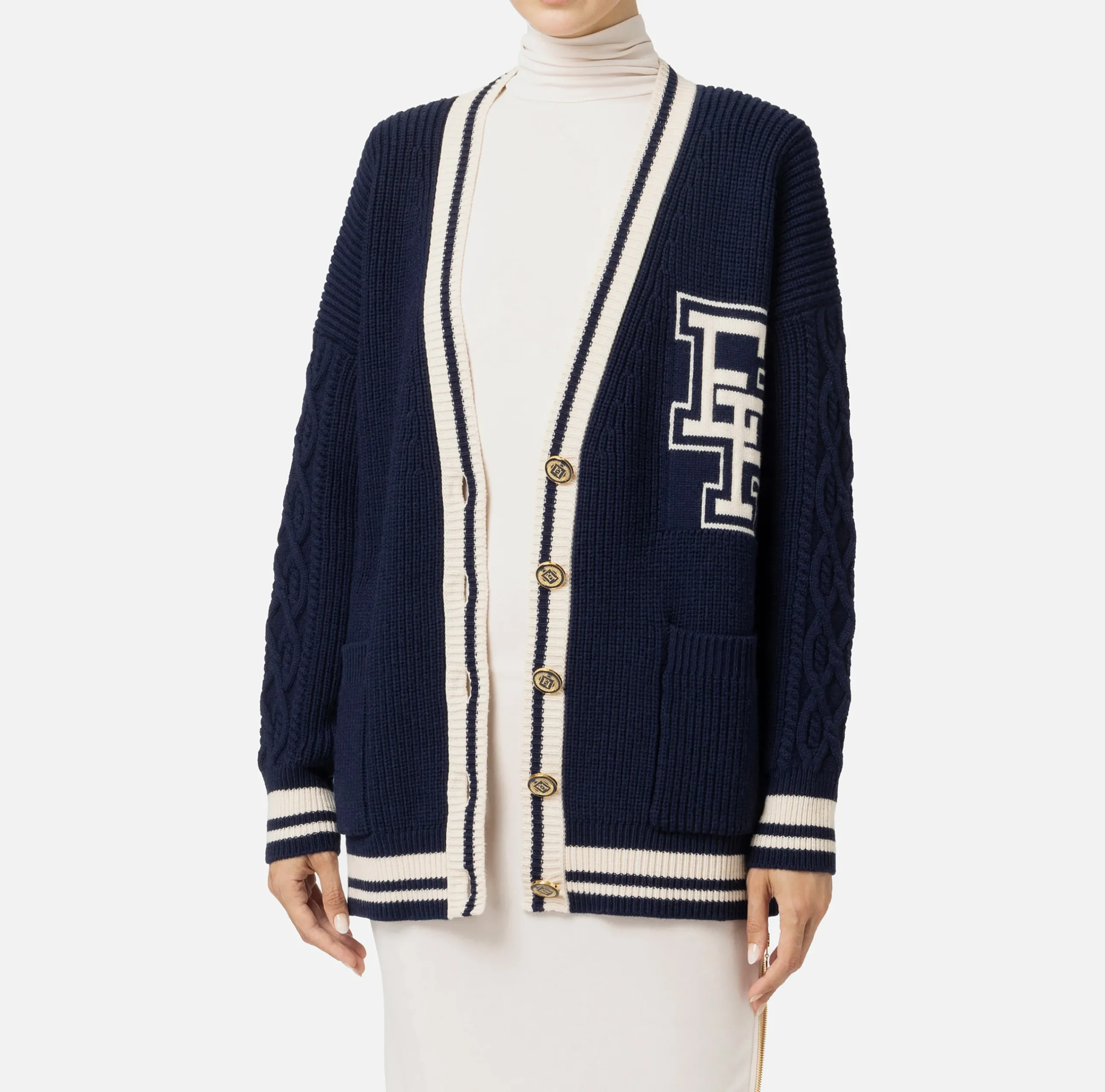 Maglieria E Felpe|Elisabetta Franchi Cardigan in lana tipo college Navy/Burro
