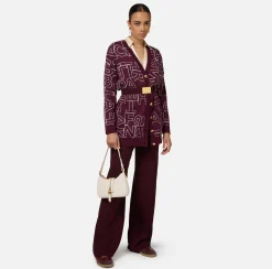Maglieria E Felpe|Elisabetta Franchi Cardigan in misto lana lettering RougeNoir/Burro