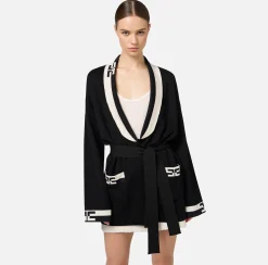 Maglieria E Felpe|Elisabetta Franchi Cardigan in viscosa con bande logo Nero/Burro