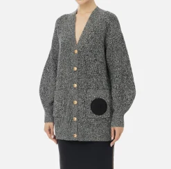 Maglieria E Felpe|Elisabetta Franchi Cardigan in viscosa mouliné con patch logo Nero/Burro