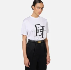 Cinture|Elisabetta Franchi Cintura in pelle con placca logo smaltata Nero