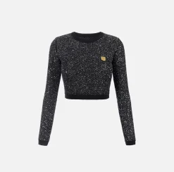 Maglieria E Felpe|Elisabetta Franchi Crop top in lana con filo paillettes Nero/Silver