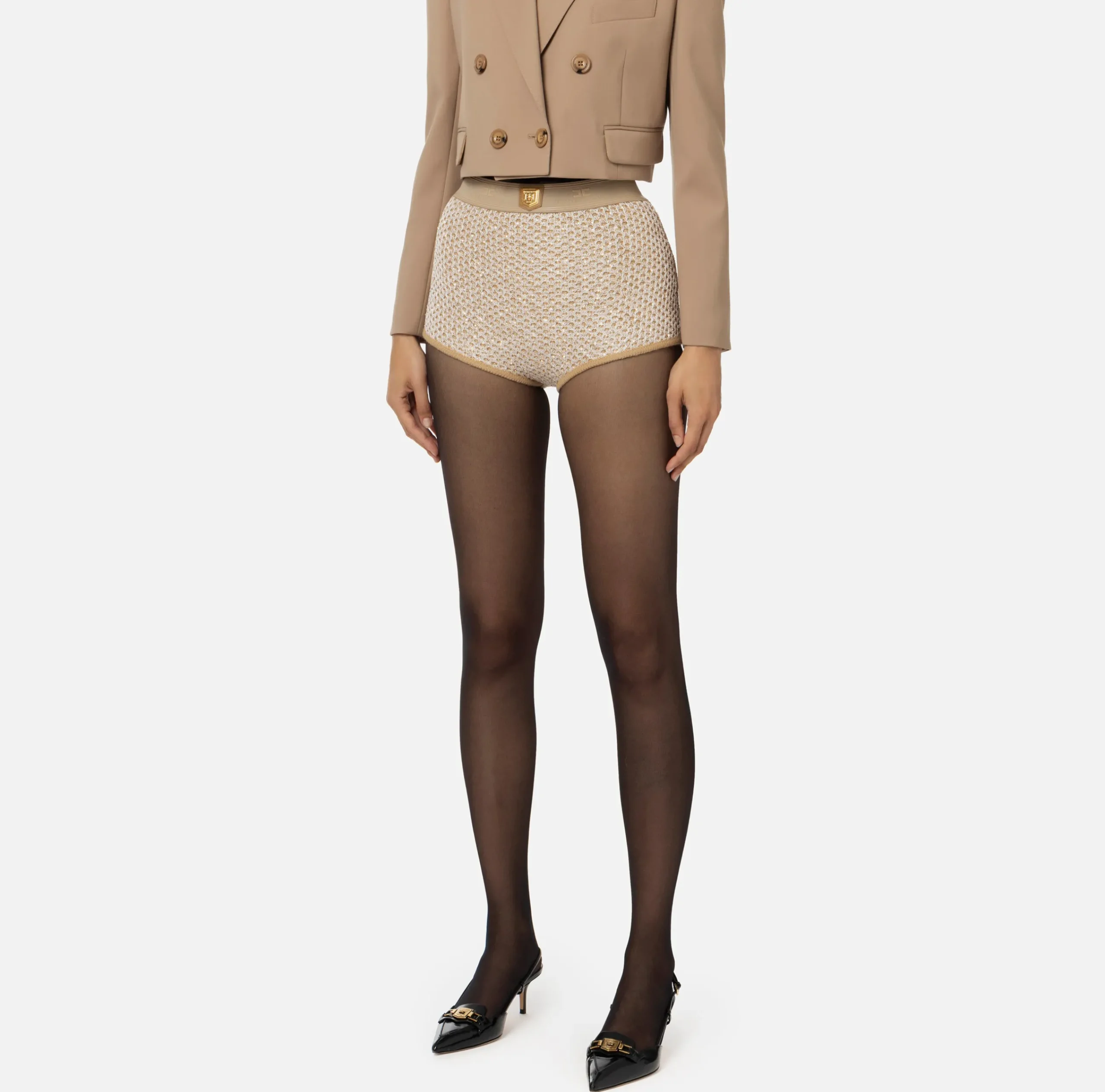 Pantaloni E Shorts|Elisabetta Franchi Culotte in lana con filo paillettes Camel/Gold