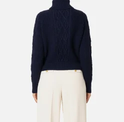 Maglieria E Felpe|Elisabetta Franchi Dolcevita in lana tipo college Navy/Burro