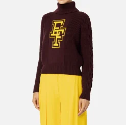 Maglieria E Felpe|Elisabetta Franchi Dolcevita in lana tipo college RougeNoir/Mimosa