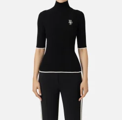 Maglieria E Felpe|Elisabetta Franchi Dolcevita in viscosa con logo college Nero/Burro