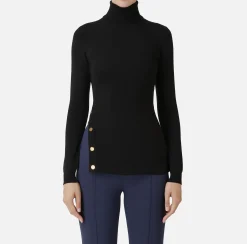 Maglieria E Felpe|Elisabetta Franchi Dolcevita in viscosa con bottoni sul fianco Nero