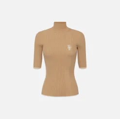 Maglieria E Felpe|Elisabetta Franchi Dolcevita in viscosa con logo college Camel/Burro