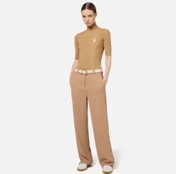 Maglieria E Felpe|Elisabetta Franchi Dolcevita in viscosa con logo college Camel/Burro