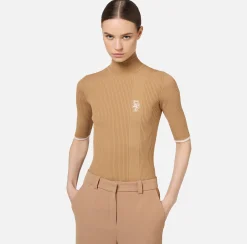 Maglieria E Felpe|Elisabetta Franchi Dolcevita in viscosa con logo college Camel/Burro