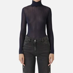 Maglieria E Felpe|Elisabetta Franchi Dolcevita in viscosa lucida a costine Navy