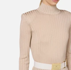 Maglieria E Felpe|Elisabetta Franchi Dolcevita in viscosa lucida a costine con cintura Lattice