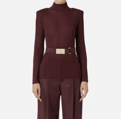 Maglieria E Felpe|Elisabetta Franchi Dolcevita in viscosa lucida a costine con cintura RougeNoir