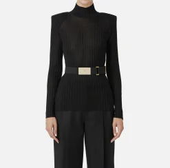 Maglieria E Felpe|Elisabetta Franchi Dolcevita in viscosa lucida a costine con cintura Nero