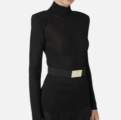 Maglieria E Felpe|Elisabetta Franchi Dolcevita in viscosa lucida a costine con cintura Nero