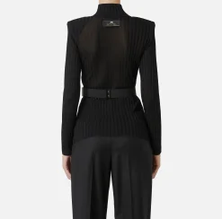 Maglieria E Felpe|Elisabetta Franchi Dolcevita in viscosa lucida a costine con cintura Nero