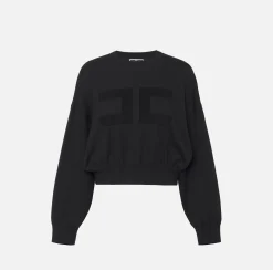 Maglieria E Felpe|Elisabetta Franchi Felpa cropped in viscosa con ricamo logo Nero