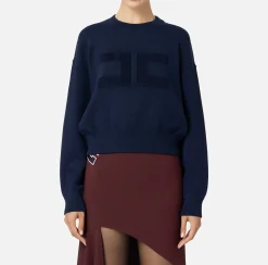 Maglieria E Felpe|Elisabetta Franchi Felpa cropped in viscosa con ricamo logo Navy