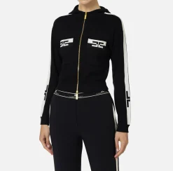 Maglieria E Felpe|Elisabetta Franchi Felpa cropped in viscosa con bande logo Nero/Burro