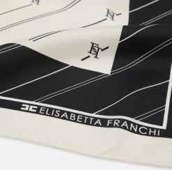 Sciarpe|Elisabetta Franchi Foulard in seta con pattern righe diagonali e logo Burro/Nero