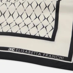 Sciarpe|Elisabetta Franchi Foulard in seta con pattern rombo e logo Burro/Nero