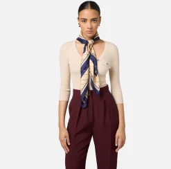 Sciarpe|Elisabetta Franchi Foulard in seta con pattern righe diagonali e logo Navy/Crema