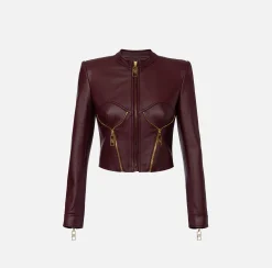 Giacche & Trench|Elisabetta Franchi Giacca biker in pelle con coppe RougeNoir