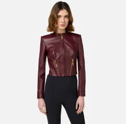 Giacche & Trench|Elisabetta Franchi Giacca biker in pelle con coppe RougeNoir