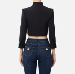 Giacche & Trench|Elisabetta Franchi Giacca cropped in crêpe con revers in raso Nero