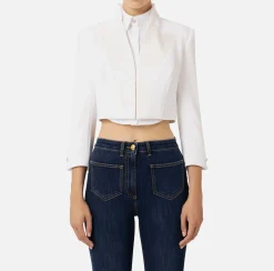 Giacche & Trench|Elisabetta Franchi Giacca cropped in crêpe con revers in raso Avorio