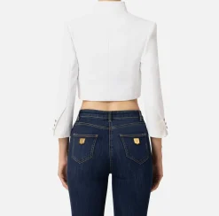 Giacche & Trench|Elisabetta Franchi Giacca cropped in crêpe con revers in raso Avorio