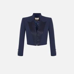 Giacche & Trench|Elisabetta Franchi Giacca cropped in crêpe con revers in raso Navy