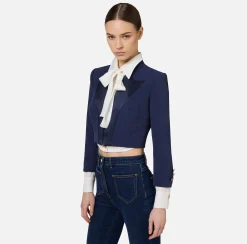 Giacche & Trench|Elisabetta Franchi Giacca cropped in crêpe con revers in raso Navy
