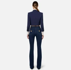 Giacche & Trench|Elisabetta Franchi Giacca cropped in crêpe con revers in raso Navy