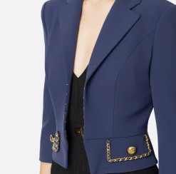 Tailleur|Giacche & Trench|Elisabetta Franchi Giacca cropped in crêpe stretch con catena Navy