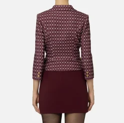 Giacche & Trench|Tailleur|Elisabetta Franchi Giacca cropped in crêpe stretch stampa rombo con catena RougeNoir/Burro